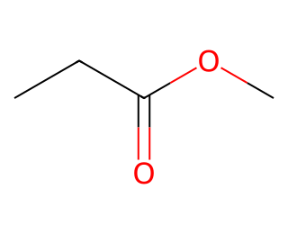 structural formula of methyl propanoate, a three-carbon chain ending in a C=O carbon that is also bonded through oxygen to a methyl group