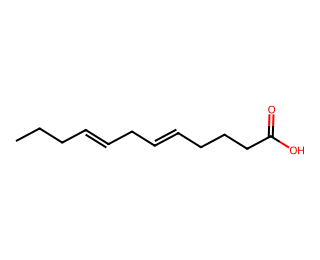 skeletal formula of a twelve-carbon unsaturated carboxylic acid with two C=C double bonds in the chain, separated by one CH2 group, and a COOH group at the end