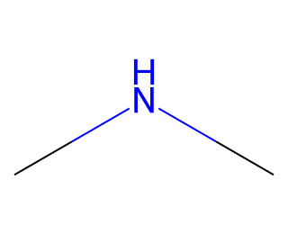 structural formula of dimethylamine, two methyl groups bonded to one nitrogen atom that also carries one hydrogen atom