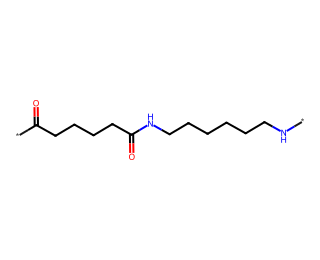 repeating unit of a polyamide, -NH-(CH2)6-NH-CO-(CH2)4-CO-, with the two open bonds shown as dummy atoms
