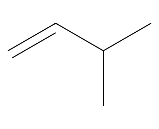structural formula of 3-methylbut-1-ene, CH2=CH-CH(CH3)2