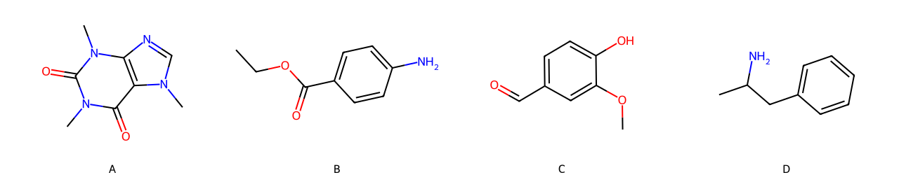 skeletal formulas of four compounds labelled A to D
