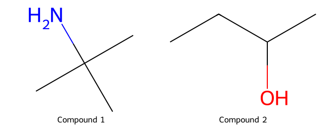 skeletal formulas of two compounds labelled 1 and 2