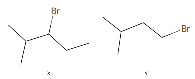 skeletal structures of two bromoalkanes, X and Y