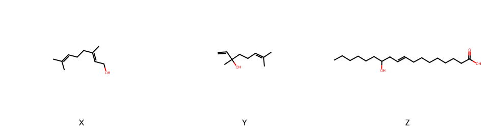 skeletal formulas of three natural compounds labelled X, Y and Z