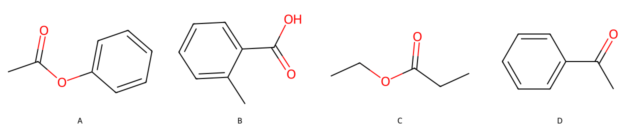 skeletal formulas of four compounds labelled A to D