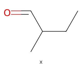 skeletal formula of 2-methylbutanal, a four-carbon chain ending in CHO with a methyl group on the carbon next to the aldehyde carbon