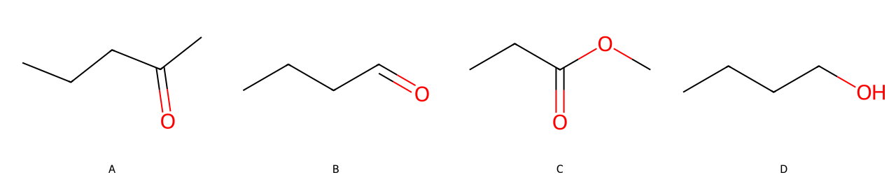 structural formulas of four compounds labelled A, B, C and D, drawn showing all atoms and bonds