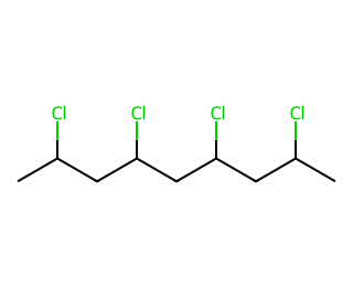 skeletal structure of part of an addition polymer chain, a zigzag carbon backbone of four repeating $\ce{-CH2-CHCl-}$ units with a chlorine atom on every second backbone carbon