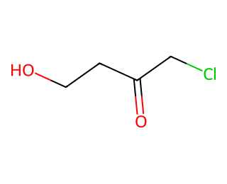 skeletal formula of 1-chloro-4-hydroxybutan-2-one: a four-carbon chain with a chlorine atom on C1, a ketone C=O on C2 and an OH group on C4