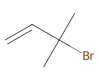 skeletal formula of 3-bromo-3-methylbut-1-ene: a terminal C=C double bond followed by a carbon that carries a bromine atom and two methyl groups