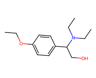 skeletal structure of 2-(diethylamino)-2-(4-ethoxyphenyl)ethanol: a CH2OH group and a diethylamino group on neighbouring carbons, the amine-bearing carbon also attached to a benzene ring carrying a para ethoxy group