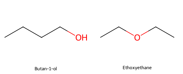 skeletal formulas of butan-1-ol and ethoxyethane
