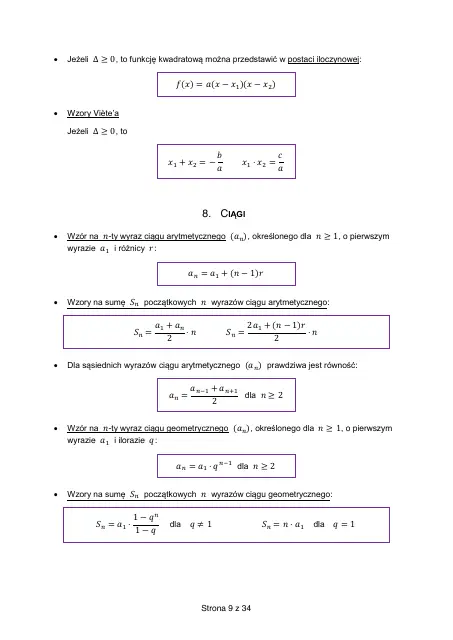 Wybrane wzory matematyczne, strona 9 (oryginalna broszura CKE)
