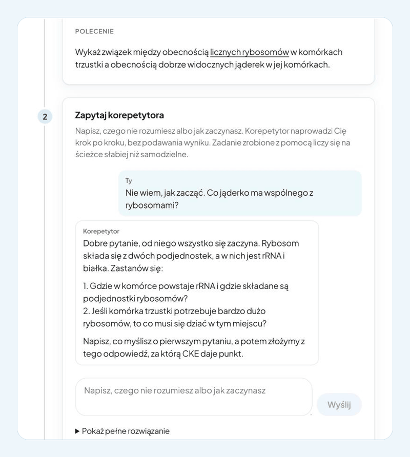 Rozmowa z korepetytorem AI przy zadaniu z biologii: korepetytor naprowadza pytaniami