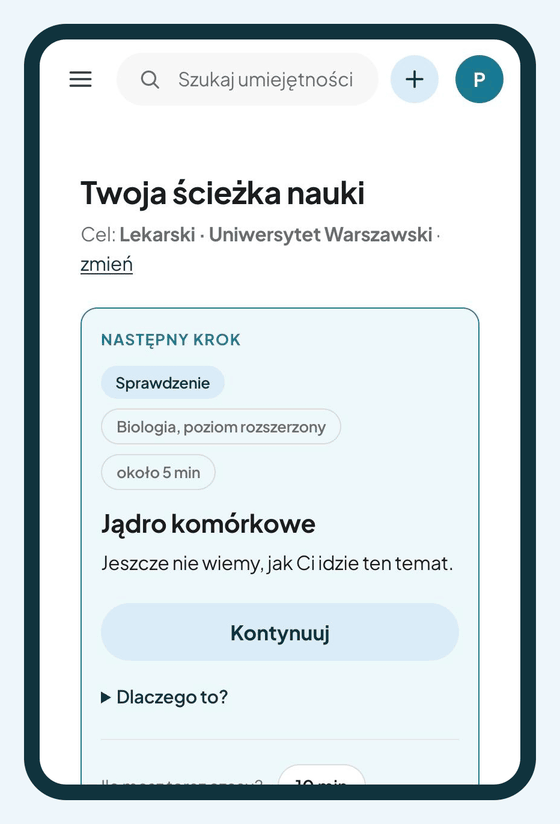 Ekran Maturownika Pro: cel Lekarski na Uniwersytecie Warszawskim i następny krok na ścieżce nauki z przyciskiem Kontynuuj